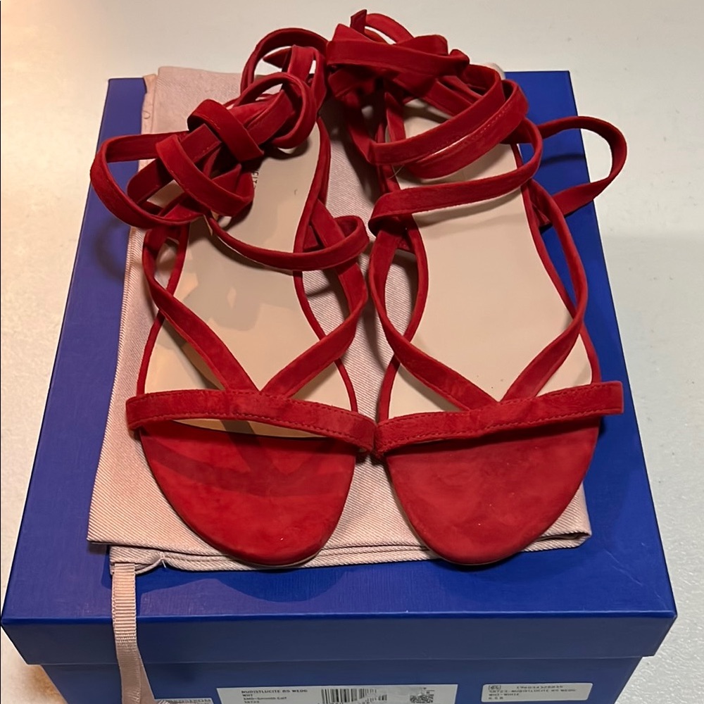 Women’s NWB Stuart Weitzman Wrap Lace-Up Sandals Red Suede, 7 - Picture 2 of 3